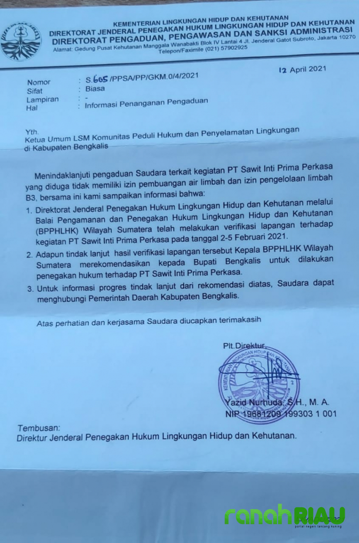Ketua Umum LSM KPH PL puji Bupati Bengkalis tegas cabut Izin PT. SIPP Duri
